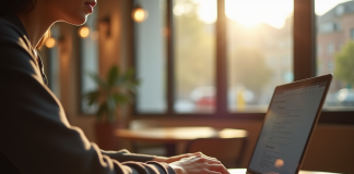 Personne au café utilisant un ordinateur portable dans une ambiance détendue