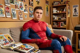 Jeune homme en costume de super-héros rouge et bleu entouré de comics et de références à la culture pop dans un appartement