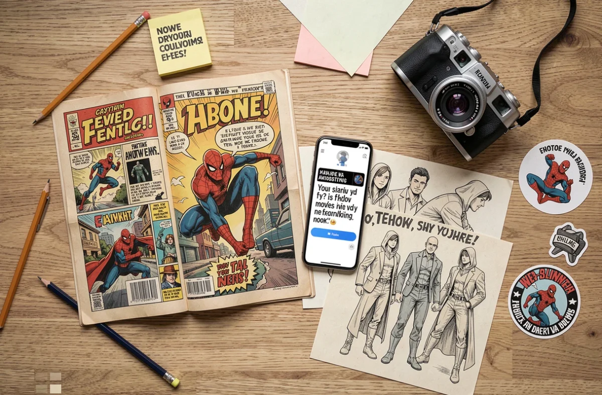 Mise à plat d'objets liés à Peter Parker et la culture pop : comics, mèmes, fan art et autocollants sur un bureau en bois