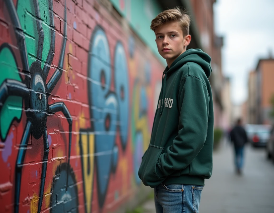 Adolescent en sweat à capuche devant une fresque urbaine inspirée de Spider-Man et des mèmes de la culture pop