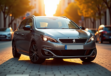Peugeot 308 GT stationnée en ville en lumière dorée