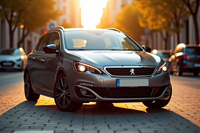 Peugeot 308 GT stationnée en ville en lumière dorée