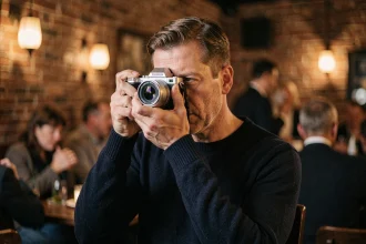 Photographe utilisant un Fujifilm X-T20 en basse lumière dans un bar jazz pour des images nettes