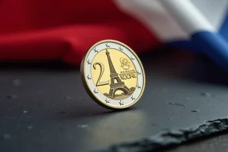 Pièce de 2 euros commémorative JO 2026 avec Tour Eiffel et anneaux olympiques sur ardoise sombre