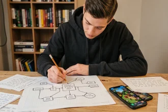Joueur adulte planifiant une stratégie de guerre de clans sur papier avec un smartphone affichant une carte de village