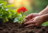 Mains de jardinier plantant une geranium dans la terre