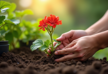 Mains de jardinier plantant une geranium dans la terre