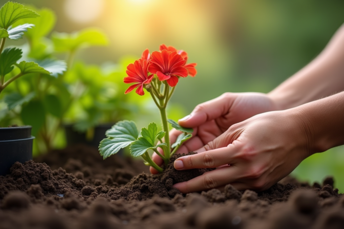 Mains de jardinier plantant une geranium dans la terre