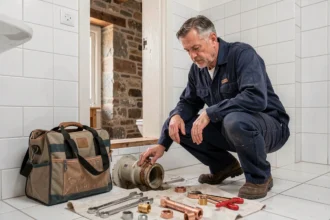 Plombier d'urgence intervenant dans une salle de bain bretonne, outils posés au sol, ambiance artisanale réaliste dans le Morbihan
