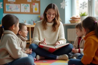 Enseignante en maternelle lisant un poème sur l'hiver à des enfants assis en cercle sur un tapis coloré