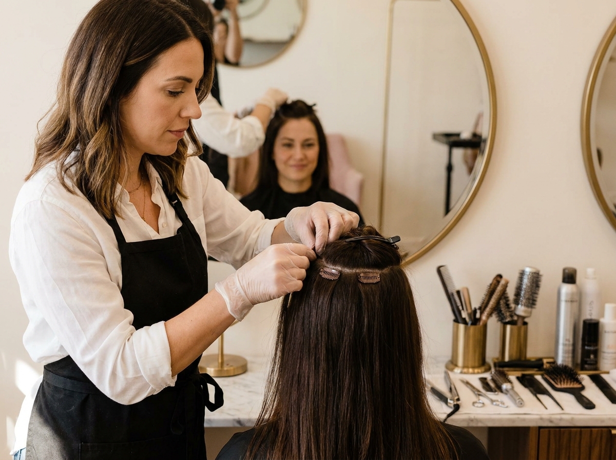 Coiffeuse professionnelle posant des extensions à clips sur une cliente dans un salon haut de gamme, gros plan sur le processus d'application