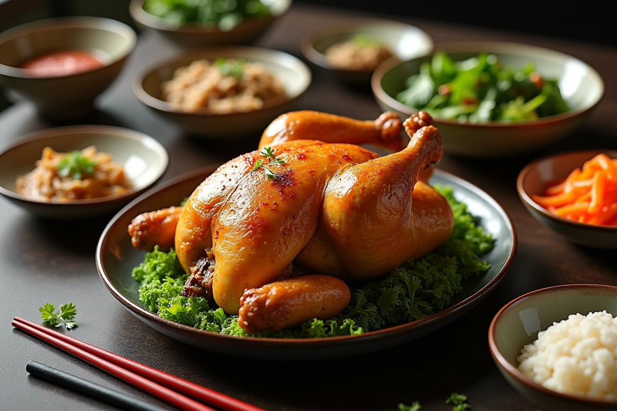 Poulet rôti avec plats asiatiques traditionnels
