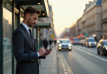 Professionnel utilisant une tablette devant un arrêt de bus parisien