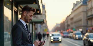 Professionnel utilisant une tablette devant un arrêt de bus parisien