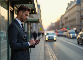 IntraParis en version nomade, la mobilité des agents par la preuve Professionnel utilisant une tablette devant un arrêt de bus parisien
