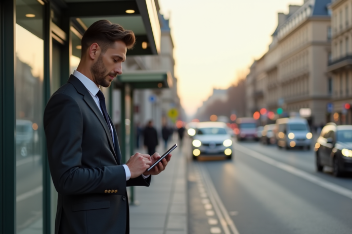 Professionnel utilisant une tablette devant un arrêt de bus parisien