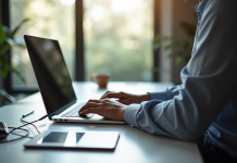 Professionnel détendu travaillant sur un ordinateur portable à un bureau lumineux
