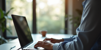Professionnel détendu travaillant sur un ordinateur portable à un bureau lumineux