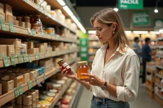 Femme lisant l'étiquette d'un produit bio dans le rayon local d'un magasin E.Leclerc