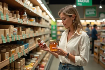 Femme lisant l'étiquette d'un produit bio dans le rayon local d'un magasin E.Leclerc