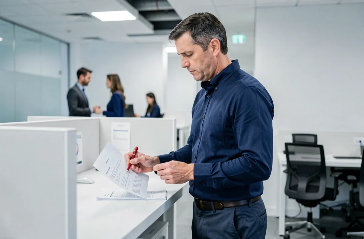 Homme en bureau moderne relisant un document imprimé pour corriger une erreur de français fréquente