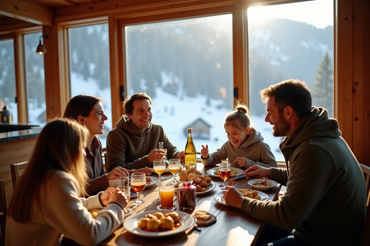 Famille partageant un repas dans une cabane de montagne chaleureuse