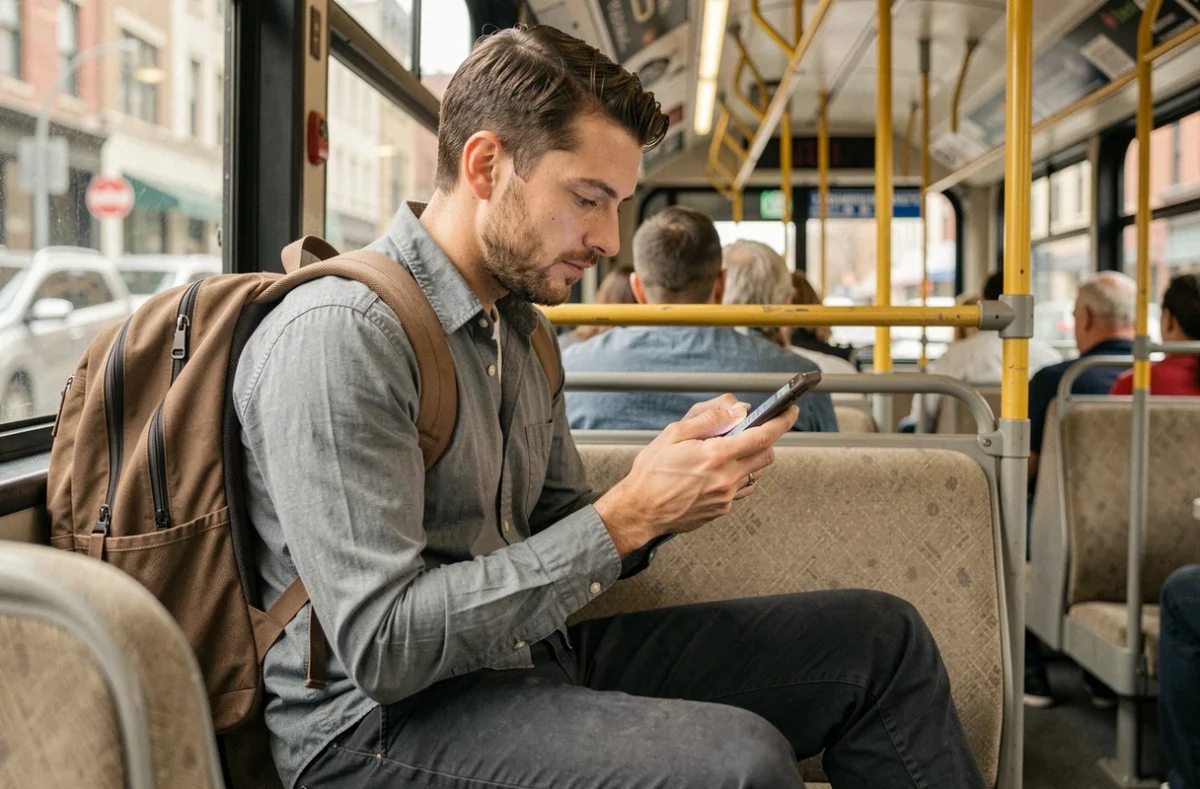 Salarié consultant l'application de bus 249 en trajet dans les transports en commun