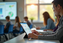 Salle de classe moderne avec étudiant utilisant une tablette