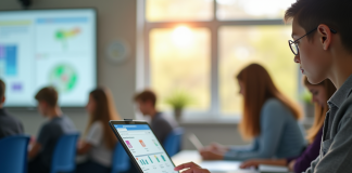 Salle de classe moderne avec étudiant utilisant une tablette