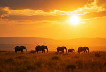 Paysage de savane en Tanzanie avec éléphants au coucher du soleil