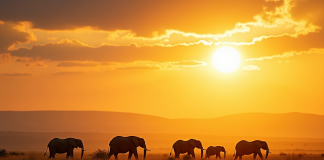Paysage de savane en Tanzanie avec éléphants au coucher du soleil