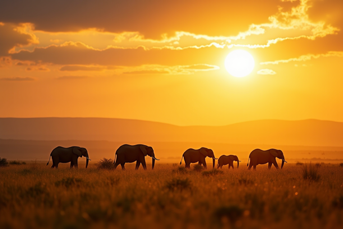 Paysage de savane en Tanzanie avec éléphants au coucher du soleil