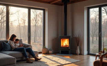 Polyvalence et confort : pourquoi choisir un poêle mixte Salon moderne avec poêle hybride en coin et famille détendue
