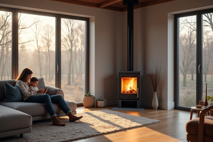 sejour-scandinave-poele-hybride Salon moderne avec poêle hybride en coin et famille détendue