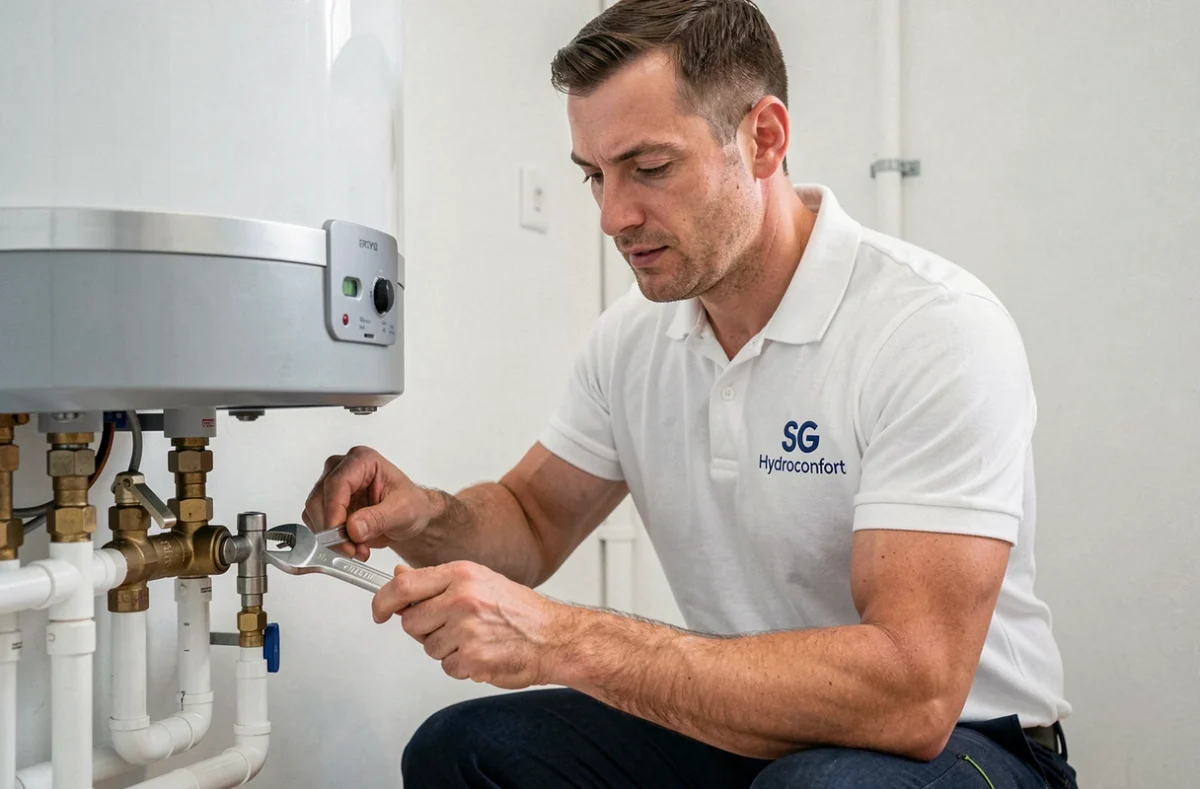 Technicien de SG Hydroconfort installant un chauffe-eau dans une buanderie moderne, uniforme blanc avec logo brodé