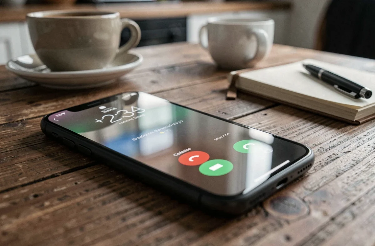 Gros plan d'un smartphone affichant un appel entrant avec l'indicatif pays +234 posé sur une table en bois