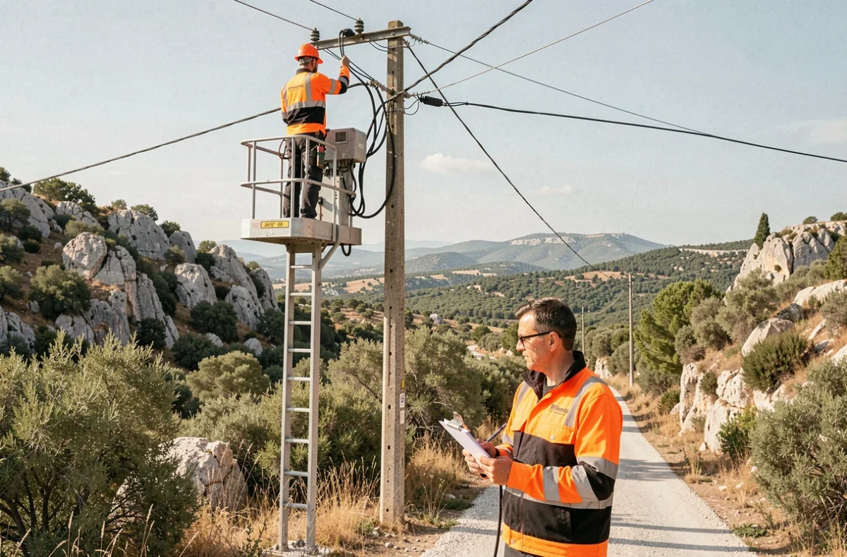 Électriciens de la Société de Travaux et Maintenance Electrique effectuant la maintenance de lignes électriques en milieu rural dans les Bouches-du-Rhône
