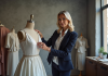 Styliste renommée : Découvrez qui est la plus grande du monde ! Styliste mode en atelier ajustant une robe élégante