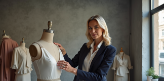 Styliste mode en atelier ajustant une robe élégante