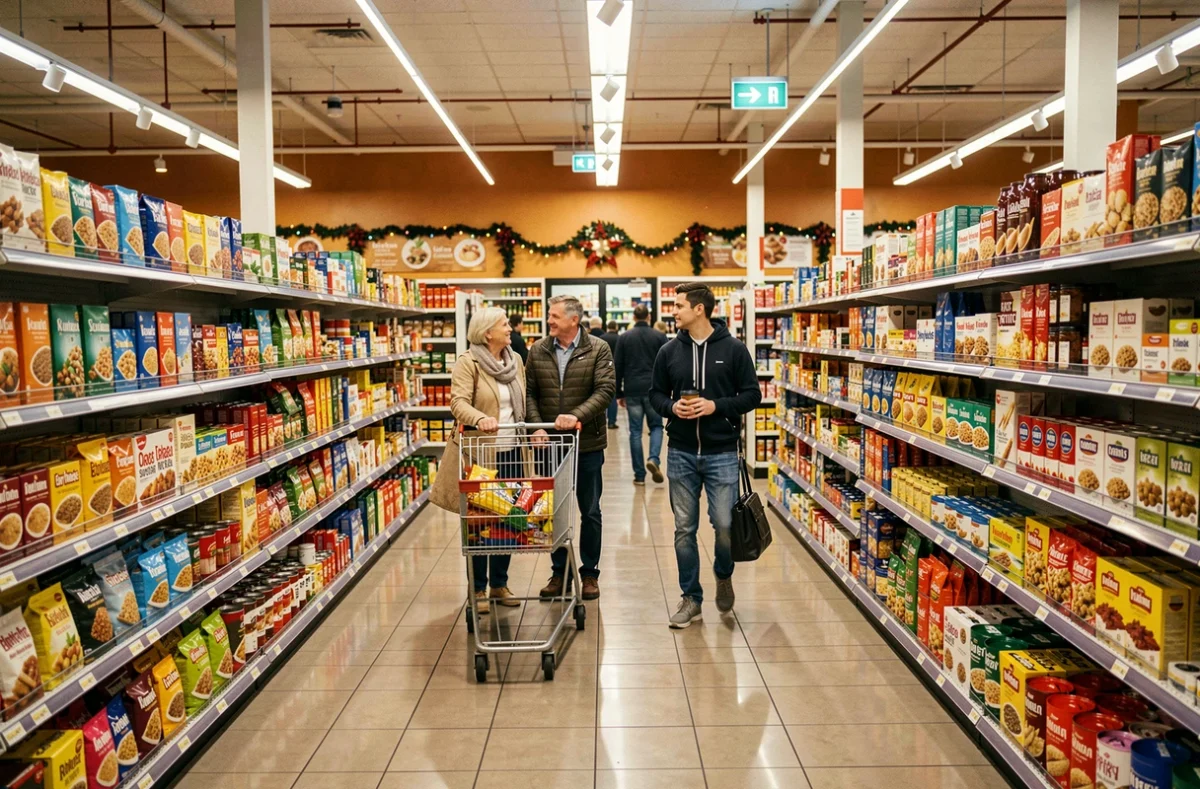 Intérieur d'un supermarché ouvert le dimanche avec des clients faisant leurs courses avant Noël