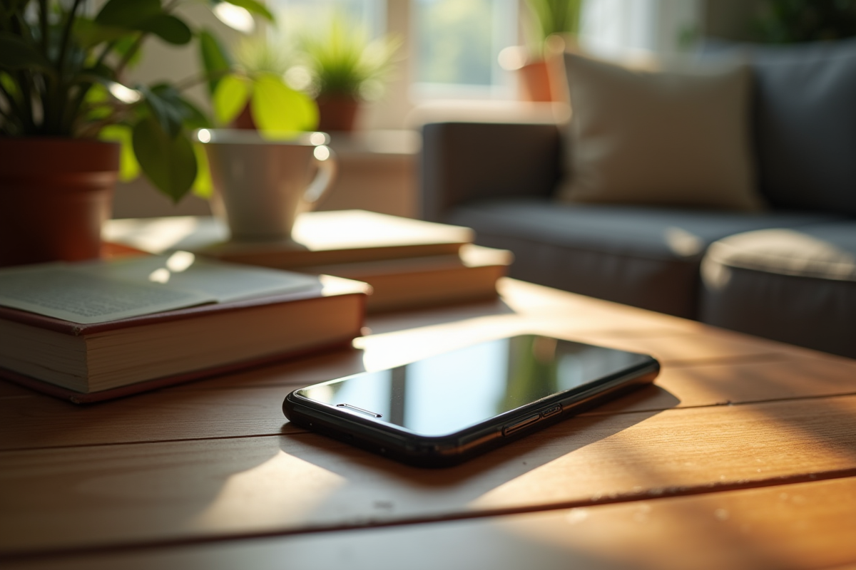 Smartphone avec l appli Vinted sur une table en bois dans un salon cosy