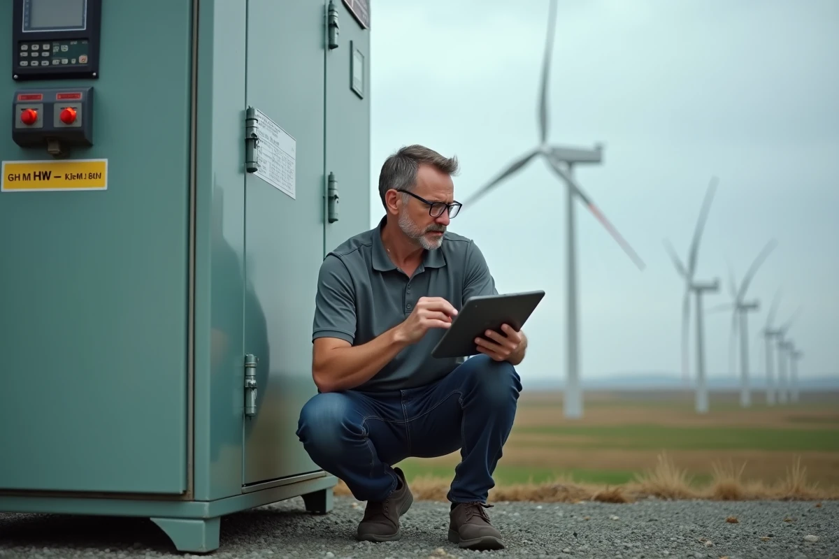 Technicien sur un parc éolien consultant une tablette pour convertir des mégawatts en kilowatts