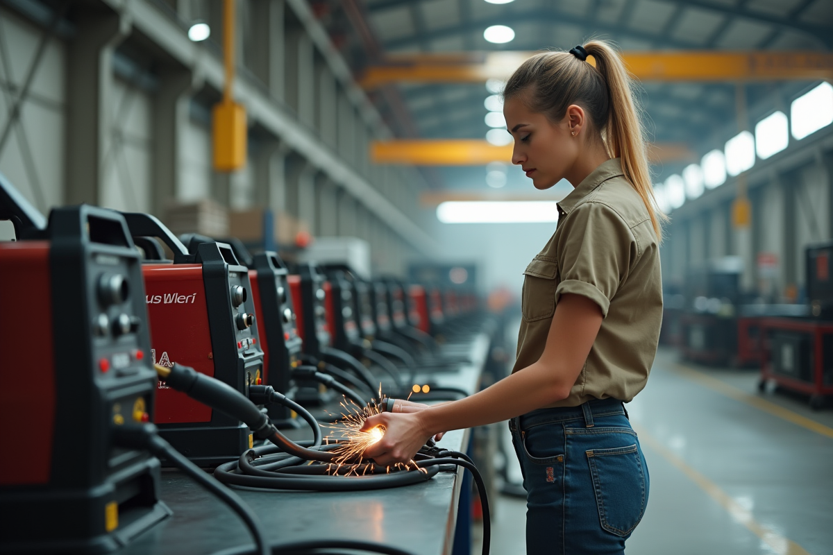 Technicienne inspecte une machine de soudage dans l