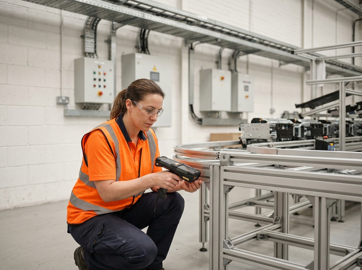Technicienne logistique effectuant une maintenance sur un système de rail convoyeur modulaire en usine
