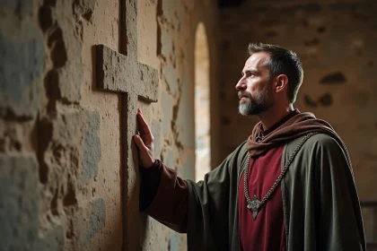 Hommes en robe templiere examinant une croix pattée ancienne