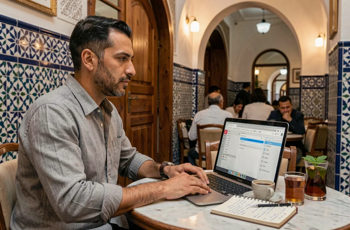 Traducteur marocain travaillant sur une traduction arabe-français dans un café authentique de Casablanca