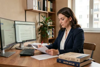 Traductrice professionnelle marocaine-française travaillant sur des documents bilingues dans un bureau moderne
