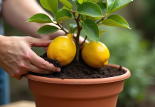 Jeune arbre citronnier transplanté en pot en extérieur