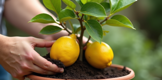 Jeune arbre citronnier transplanté en pot en extérieur