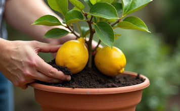 Suivez les étapes pour un rempotage efficace de votre citronnier Jeune arbre citronnier transplanté en pot en extérieur